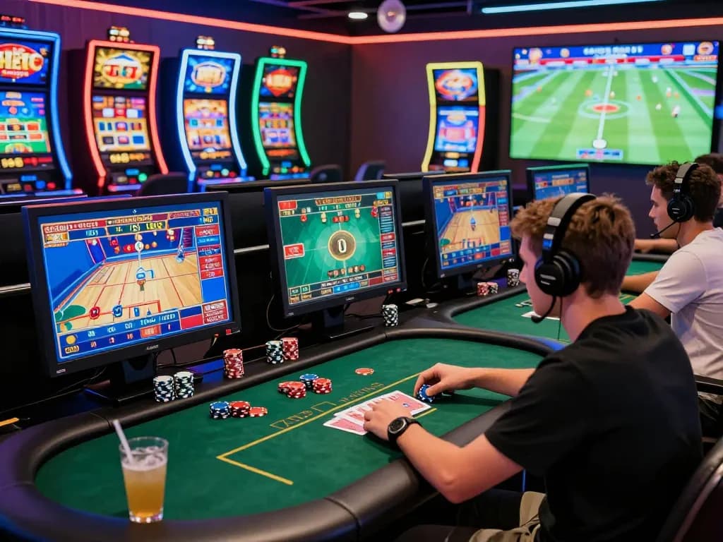 Hitclub online gaming scene with user engaging in poker and slots, vibrant colors and accessories enhancing the experience.