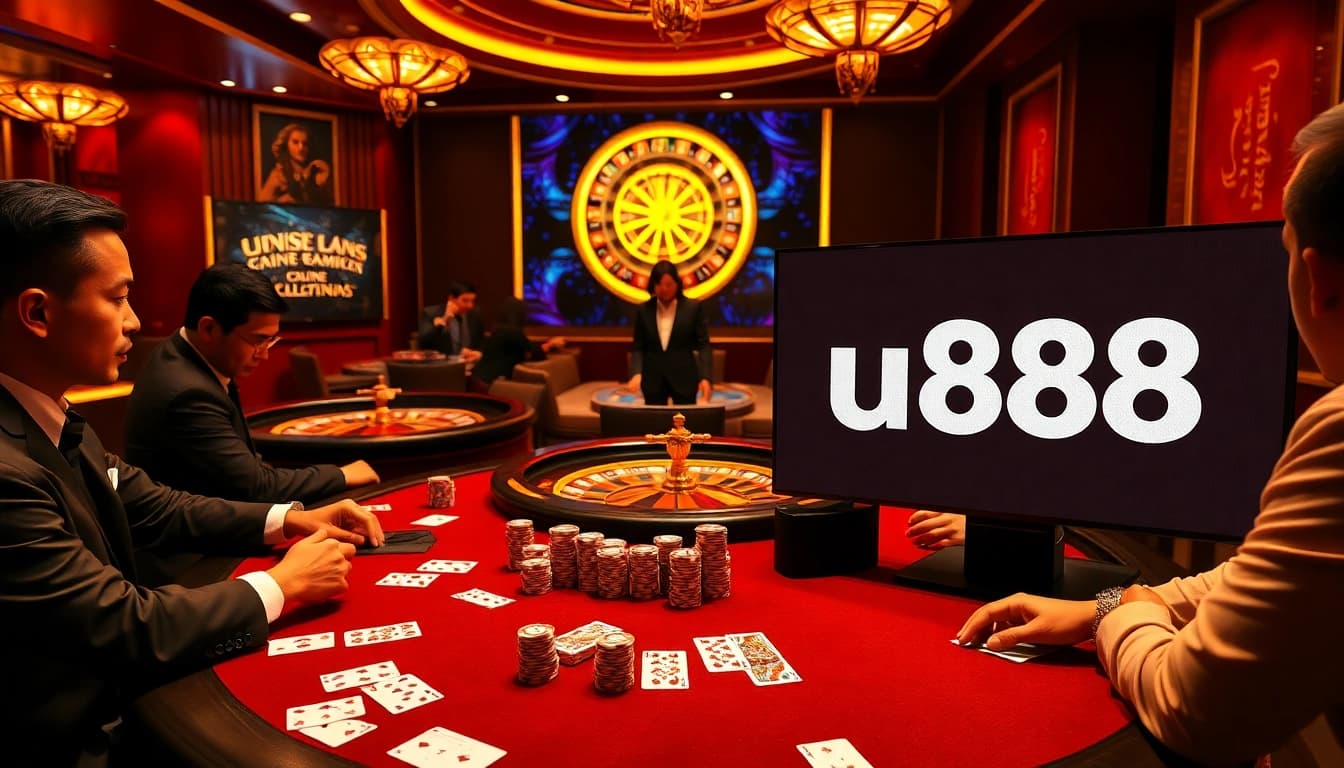 u888 poker players engaging at a luxurious casino table filled with chips and cards