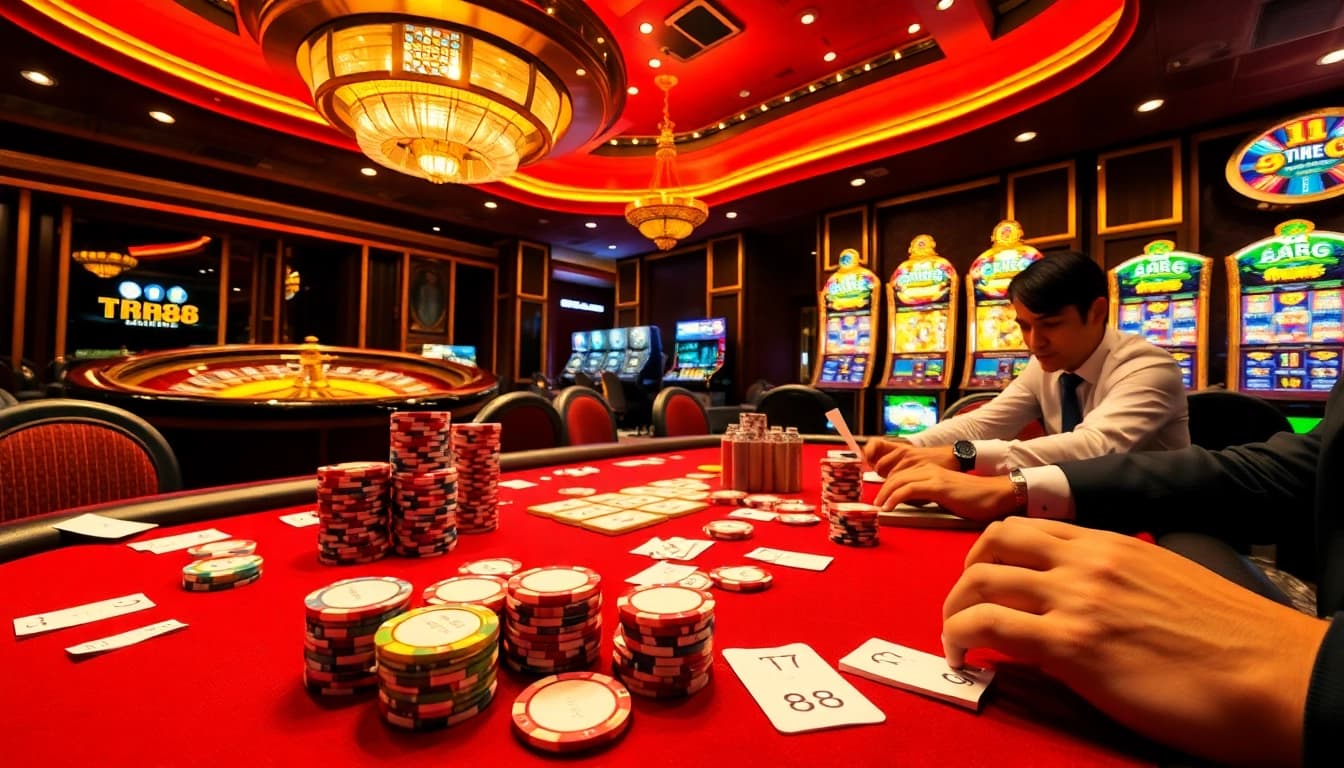 Players engage at a high-stakes poker table in a vibrant casino setting, featuring TR88-themed chips.