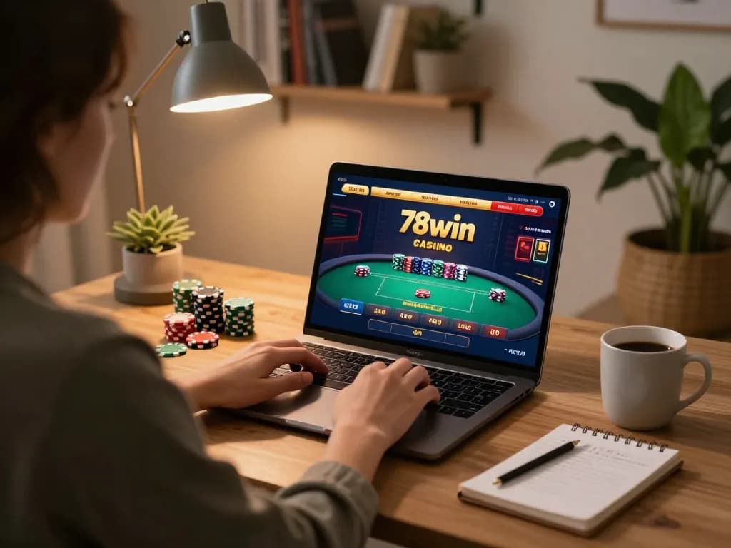 Gameplay on 78win casino platform with player engaged at home, showcasing immersive online betting.