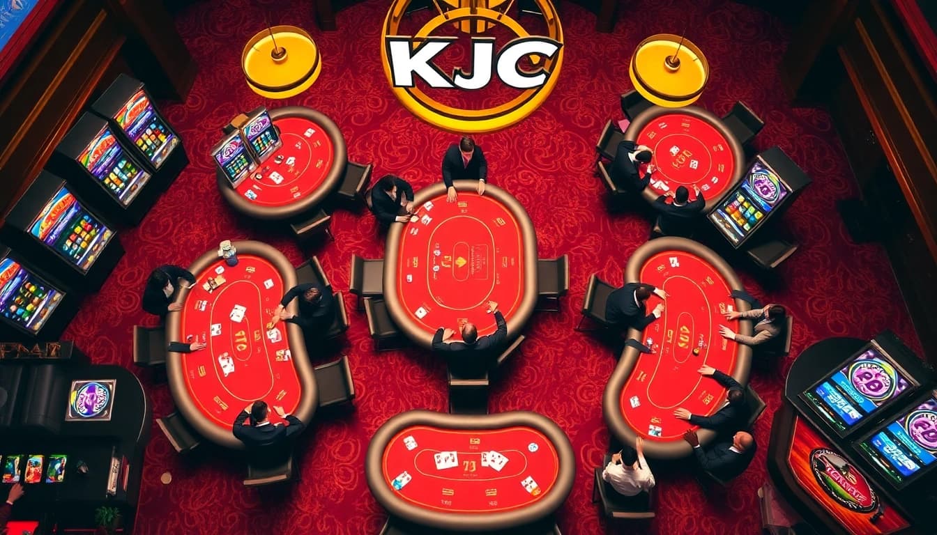 KJC branded casino scene showcasing poker tables and vibrant slot machines filled with excitement.