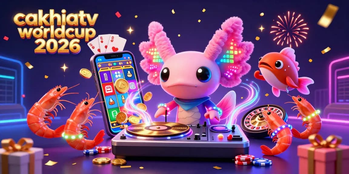 Cakhiatv trực tiếp worldcup 2026 showcases a vibrant neon scene with an axolotl DJ spinning records amidst colorful gambling elements.