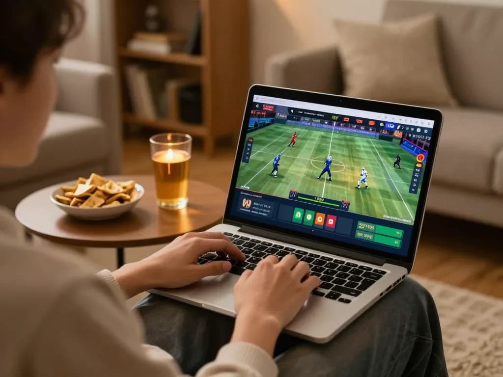 Engaging sports betting session on Sin88 from a cozy home setup with laptop.