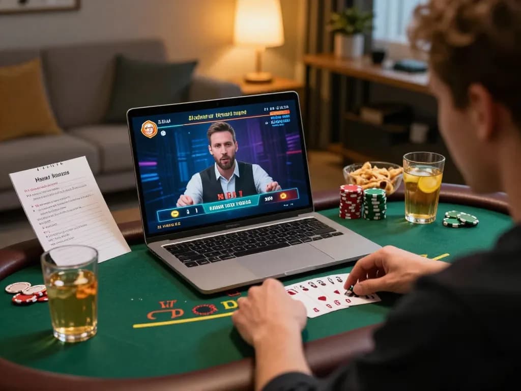 Player engaging in online blackjack at home, showcasing q88 gaming experience with strategic notes.