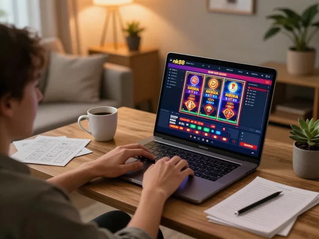 Player immersed in gameplay on nk88 online casino app with vibrant slot machines visible