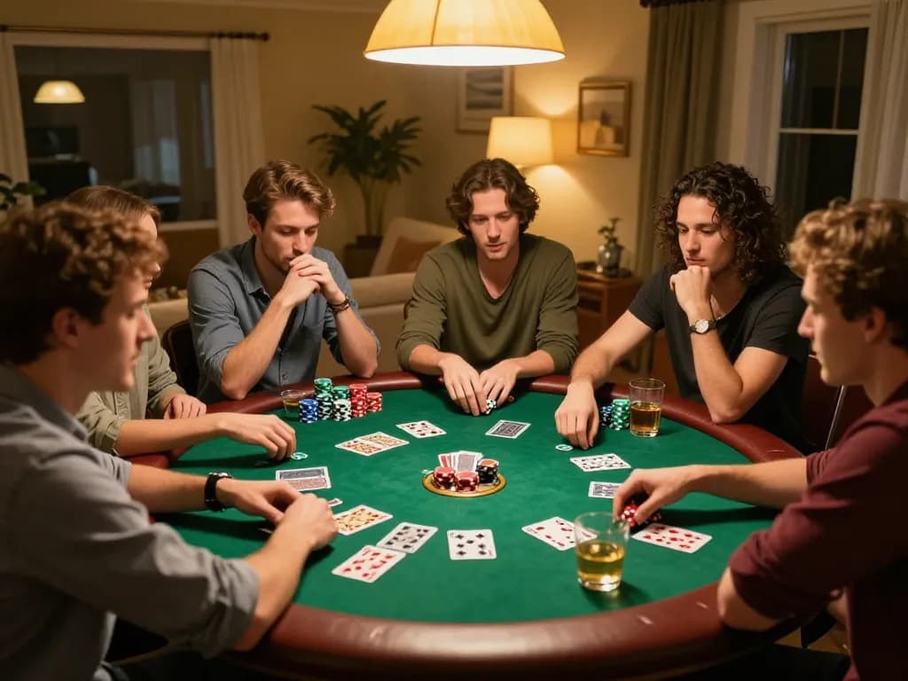 Friends enjoying an intense poker game at home with a focus on strategic betting as they engage in vb88