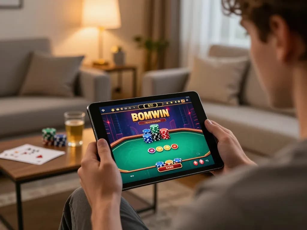 Player engaged in BOMWIN online gaming on a tablet, showcasing an inviting home atmosphere and responsible gambling.