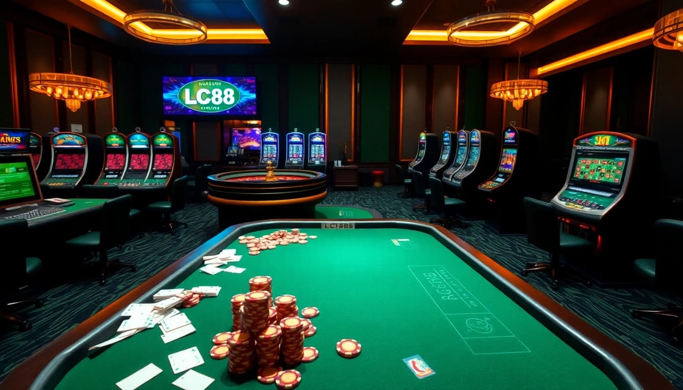 LC88 players engaging in an exciting online casino experience with poker tables and slot machines.