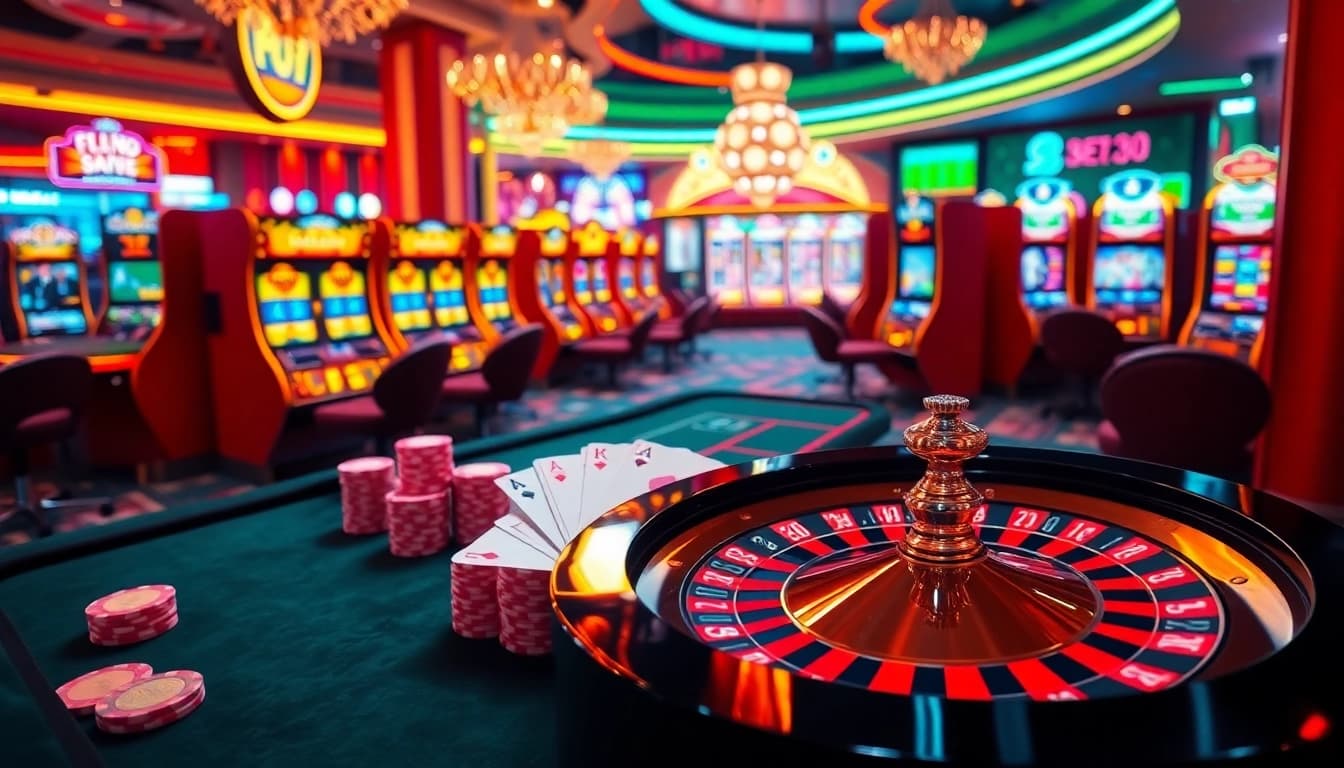 Experience thrilling gameplay at Vip88 with vibrant casino tables, colorful poker chips, and slot machines.