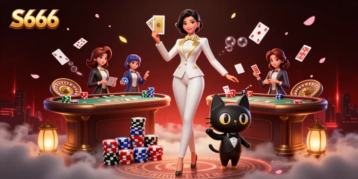 S666 gameplay showcased with a glamorous character shuffling cards beside a tuxedo cat in a vibrant casino scene.