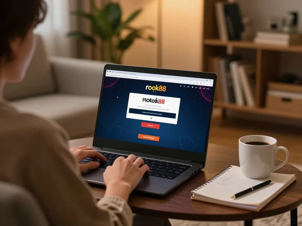 rokok88 login screen displayed on a laptop in a cozy home gaming setup
