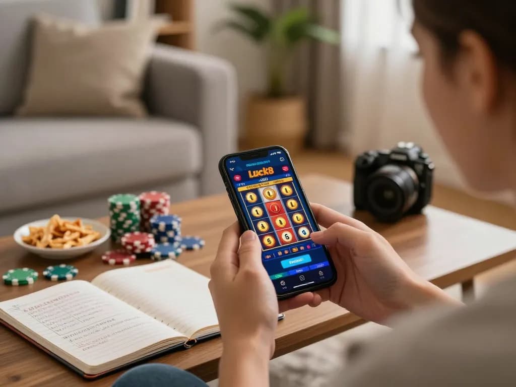 Enjoying a winning moment on the Luck8 mobile app while strategizing with chips and notebook.