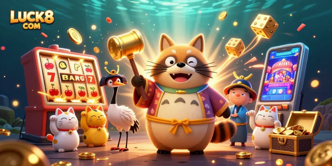 Join LUCK8 COM for vibrant casino fun, featuring a cheerful tanuki, crane, and fortune cats amid dazzling slot action.