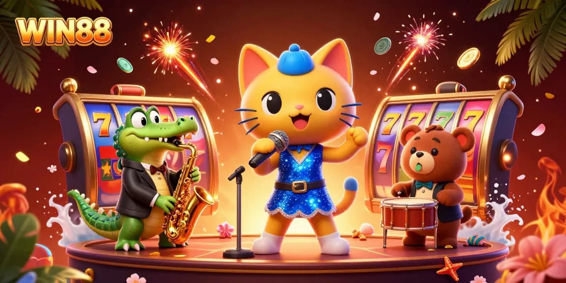 Experience the thrill of WIN88 with colorful slot reels and lively characters in this vibrant casino scene.