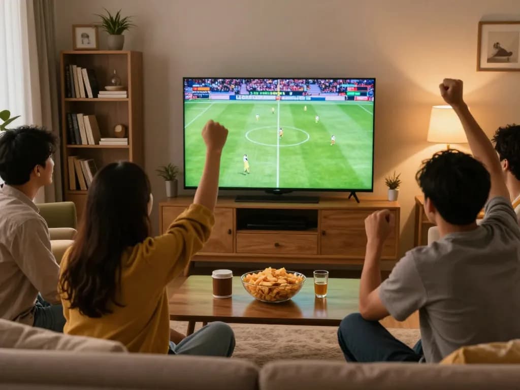 Fans celebrating a live soccer game on Luongsontv from the comfort of home.