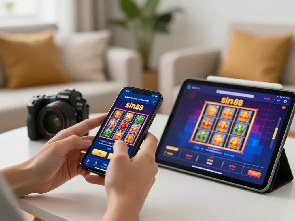 Experience sin88 mobile gaming with a hands-on smartphone displaying vibrant casino action in a cozy setting.