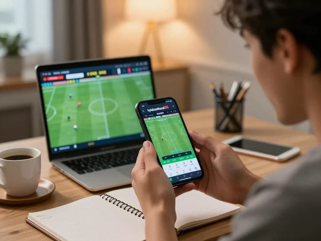 Person excitedly placing sports bets on the tylekeonhacai88 app while watching a live game.