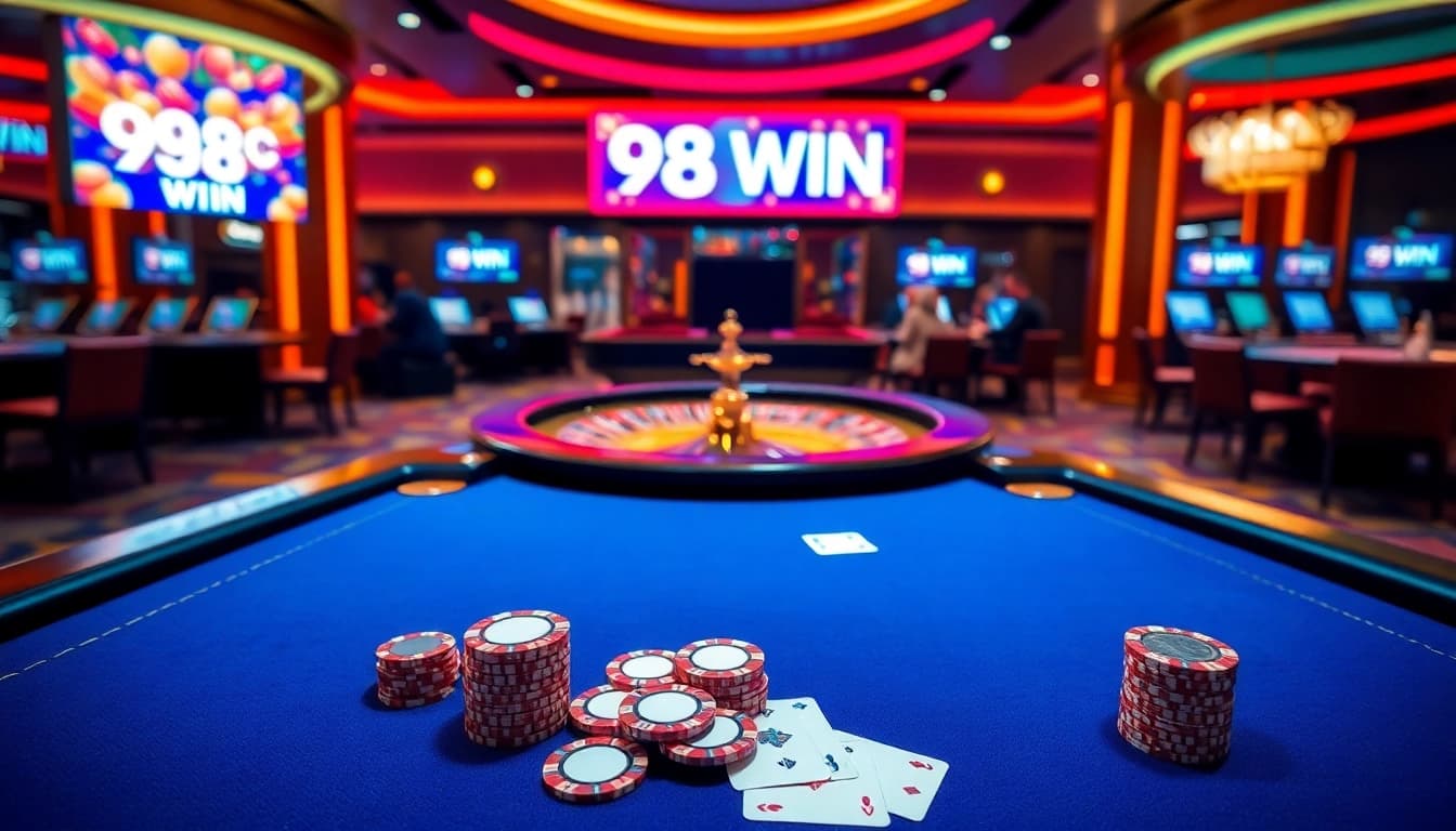 Experience thrilling gameplay at 98 WIN casino with players betting at vibrant tables.