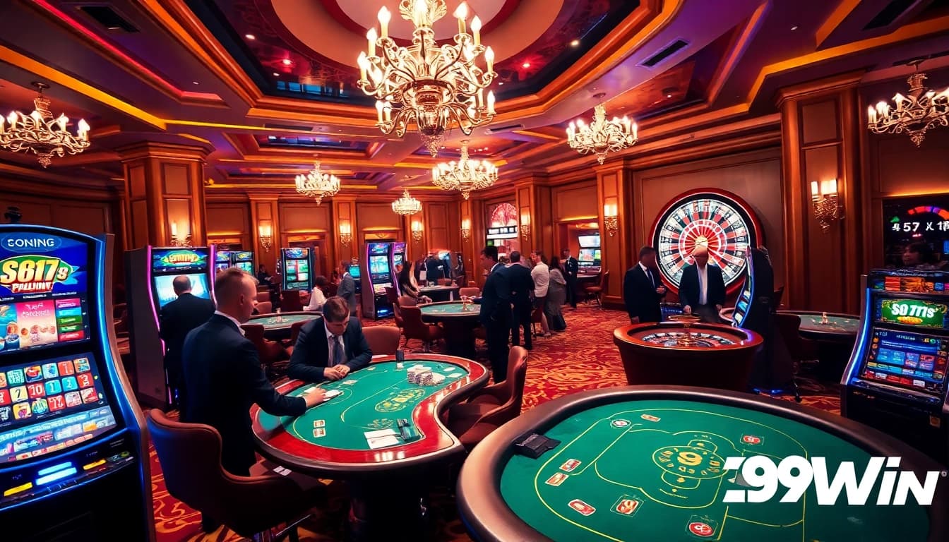 98Win players engaged in a thrilling poker game surrounded by casino elements.