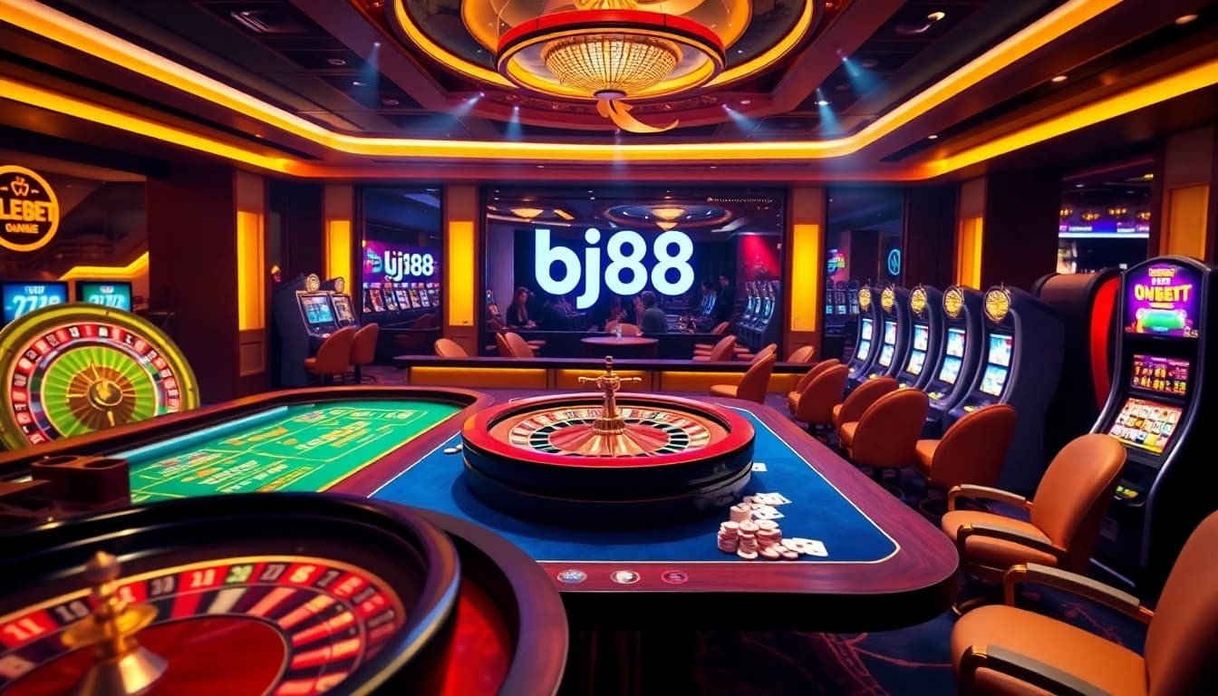 Experience thrilling online gambling at bj88, featuring exciting casino tables and vibrant slot machines.