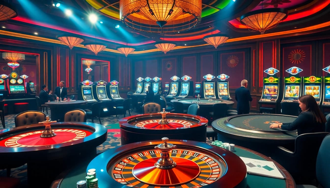 Experience the thrill of Luck8 casino with players at a vibrant roulette table and dazzling slot machines.