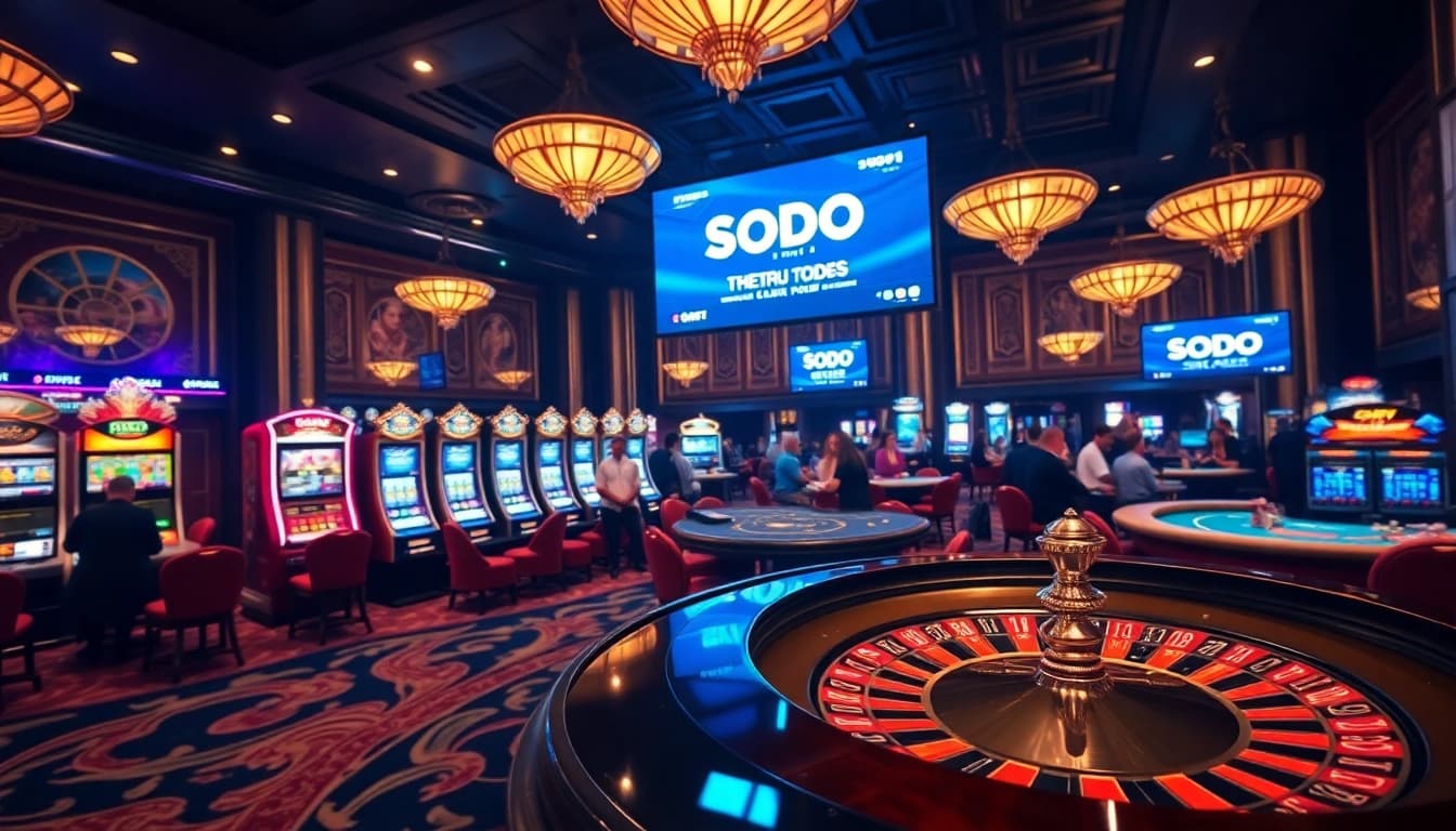 SODO Casino atmosphere featuring roulette, poker tables, and lively gamblers enjoying a thrilling experience.
