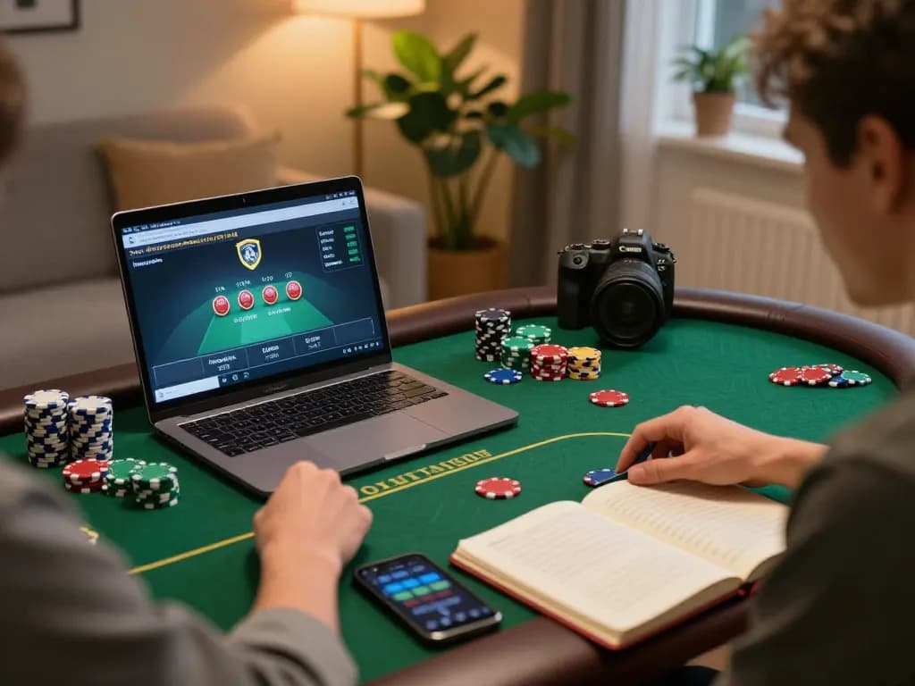 Host engaging in online poker gaming on a laptop, showcasing strategic betting and ATQ insights.