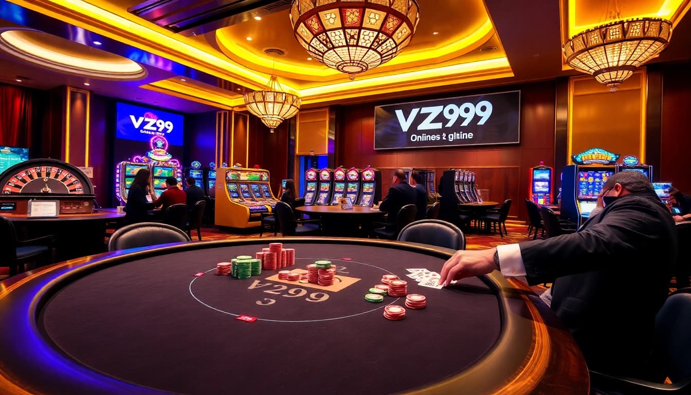 Gamblers enjoying high stakes at VZ99's luxurious poker table with colorful chips and cards.