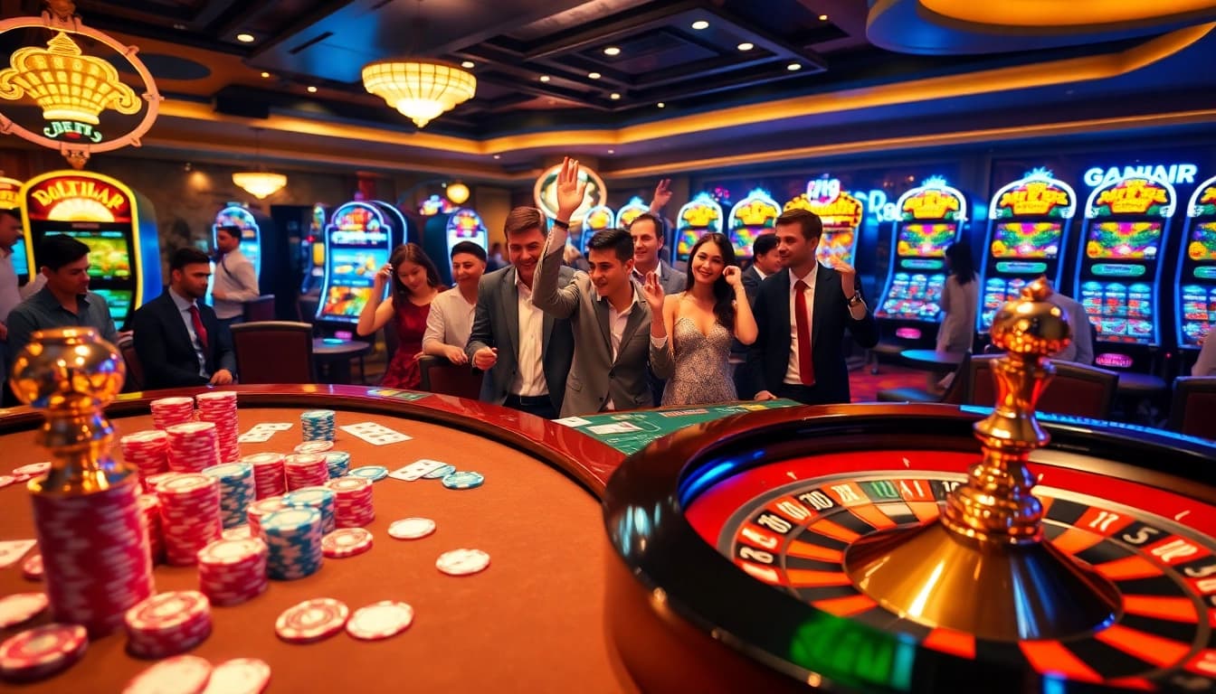 Players enjoying thrilling games at I9 BET casino, celebrating wins with vibrant poker chips and cards.