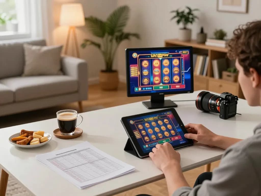 Engaging in responsible online gaming with twin68 app on a tablet in a cozy living room