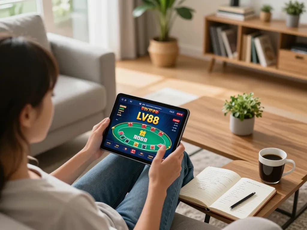 Player enjoying online poker on LV88 app in a cozy living room setting, showcasing strategic gameplay.