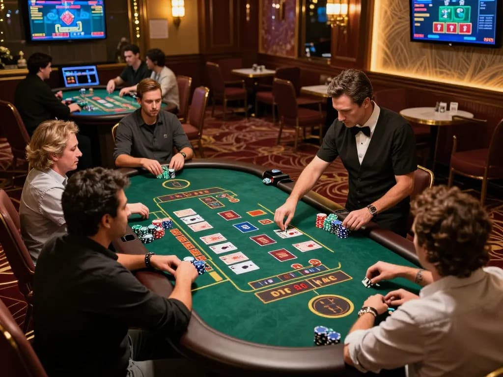 U888 players engaging in an exhilarating live dealer game with vibrant chips and cards.