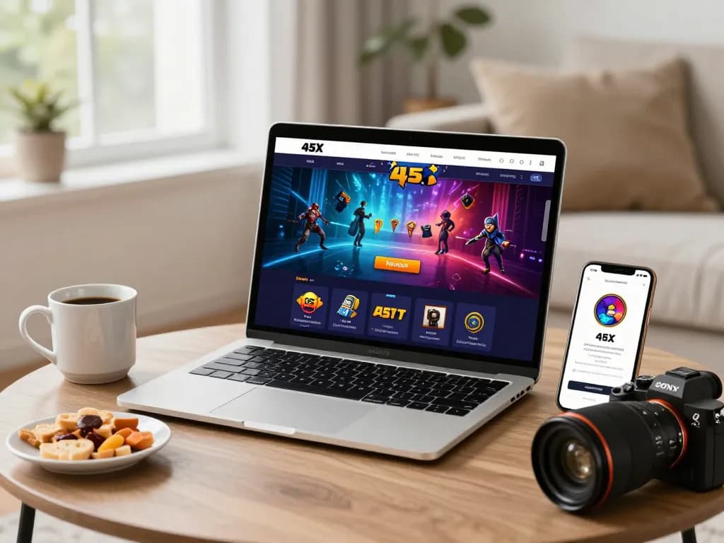 45X online gambling platform displayed on a laptop with vibrant game graphics and mobile app on smartphone.