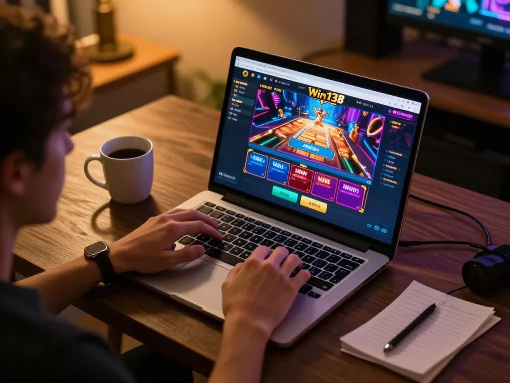 Win138 online gambling engagement on laptop with vibrant gameplay interface