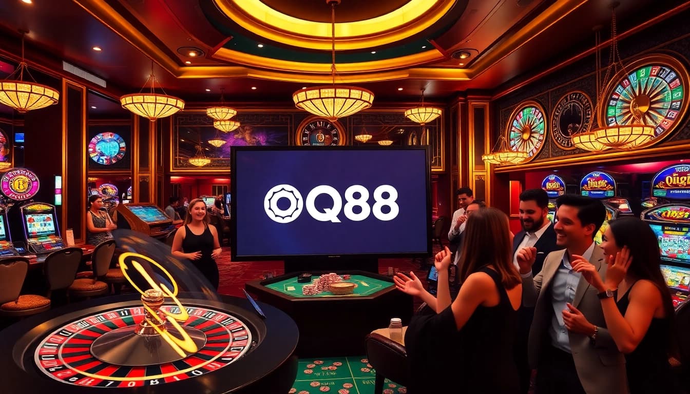 Experience the thrill of iq88 through vibrant casino visuals showcasing roulette wheels, poker chips, and excited players.