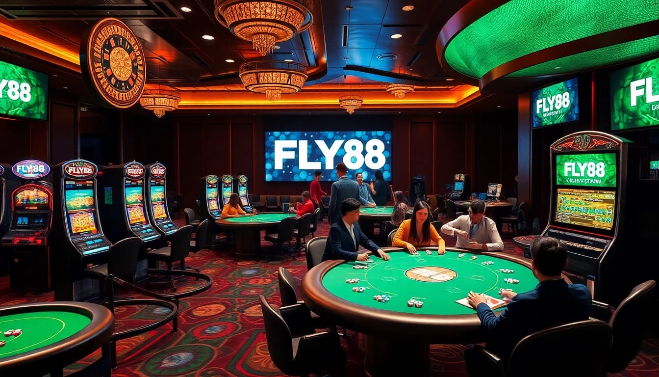 Action-packed gambling scene showcasing FLY88 with vibrant poker tables and slot machines.