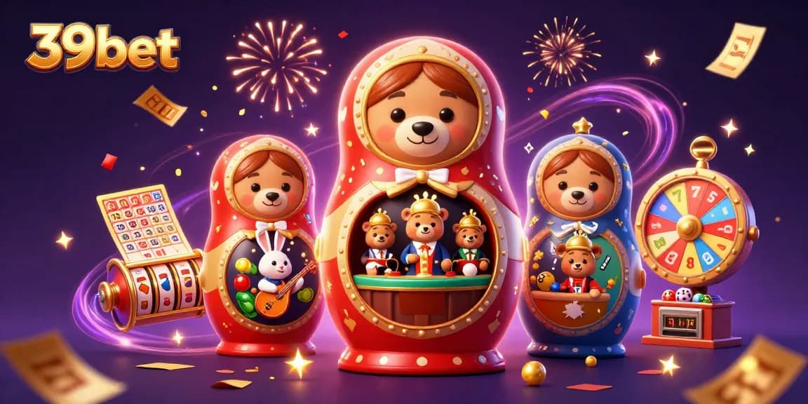 39bet spins vibrant slot reels with colorful characters in a festive casino scene, embodying excitement and rewards.