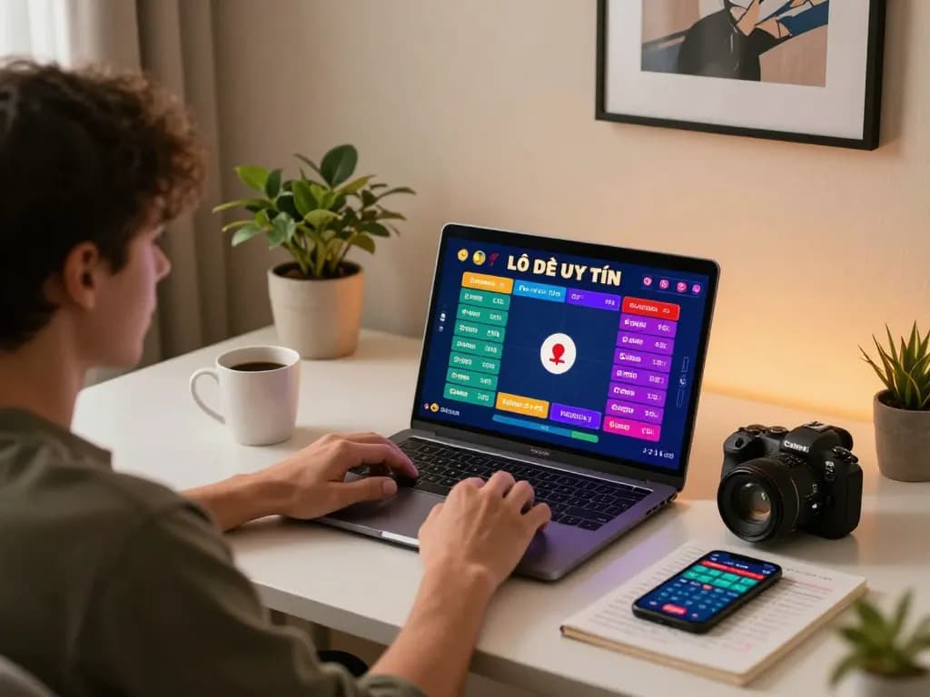 Engaged player exploring Lô Đề Uy Tín on their laptop, showcasing responsible online gambling atmosphere.