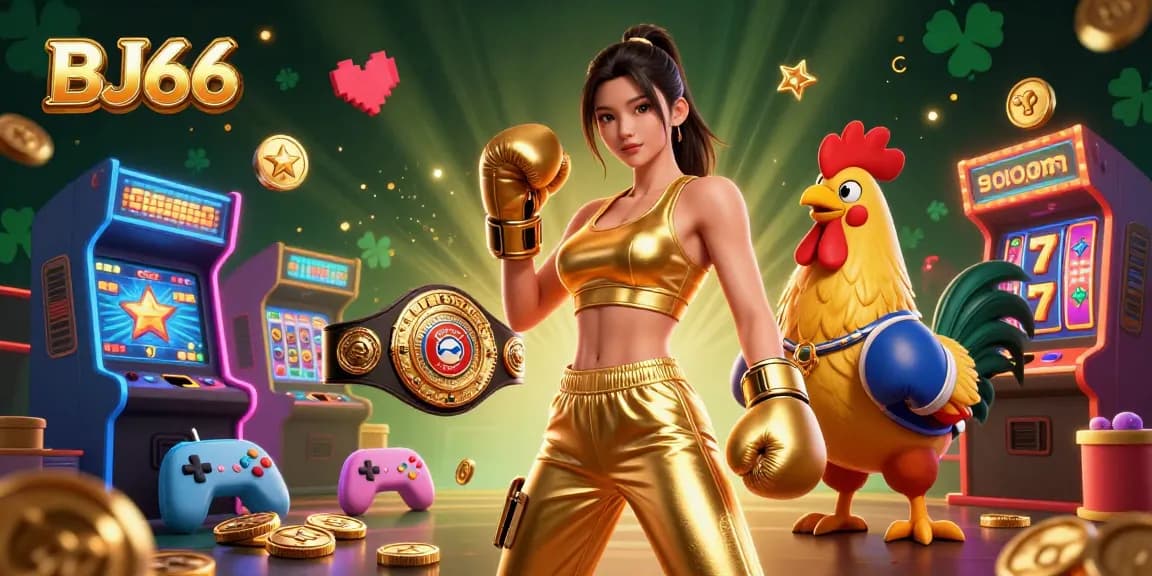 Win exciting jackpots at BJ66 with a powerful female champion and lucky rooster in an animated casino scene.