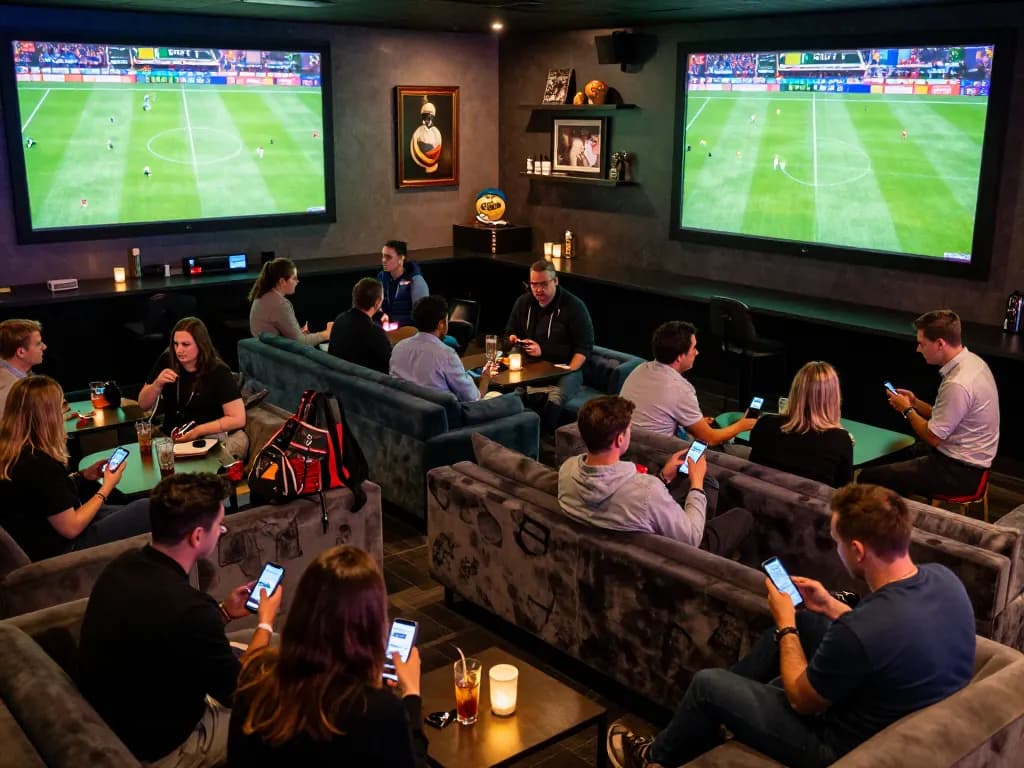 Patrons engaged in nhandinhkeonhacai sports betting in an upscale lounge, checking apps and watching matches