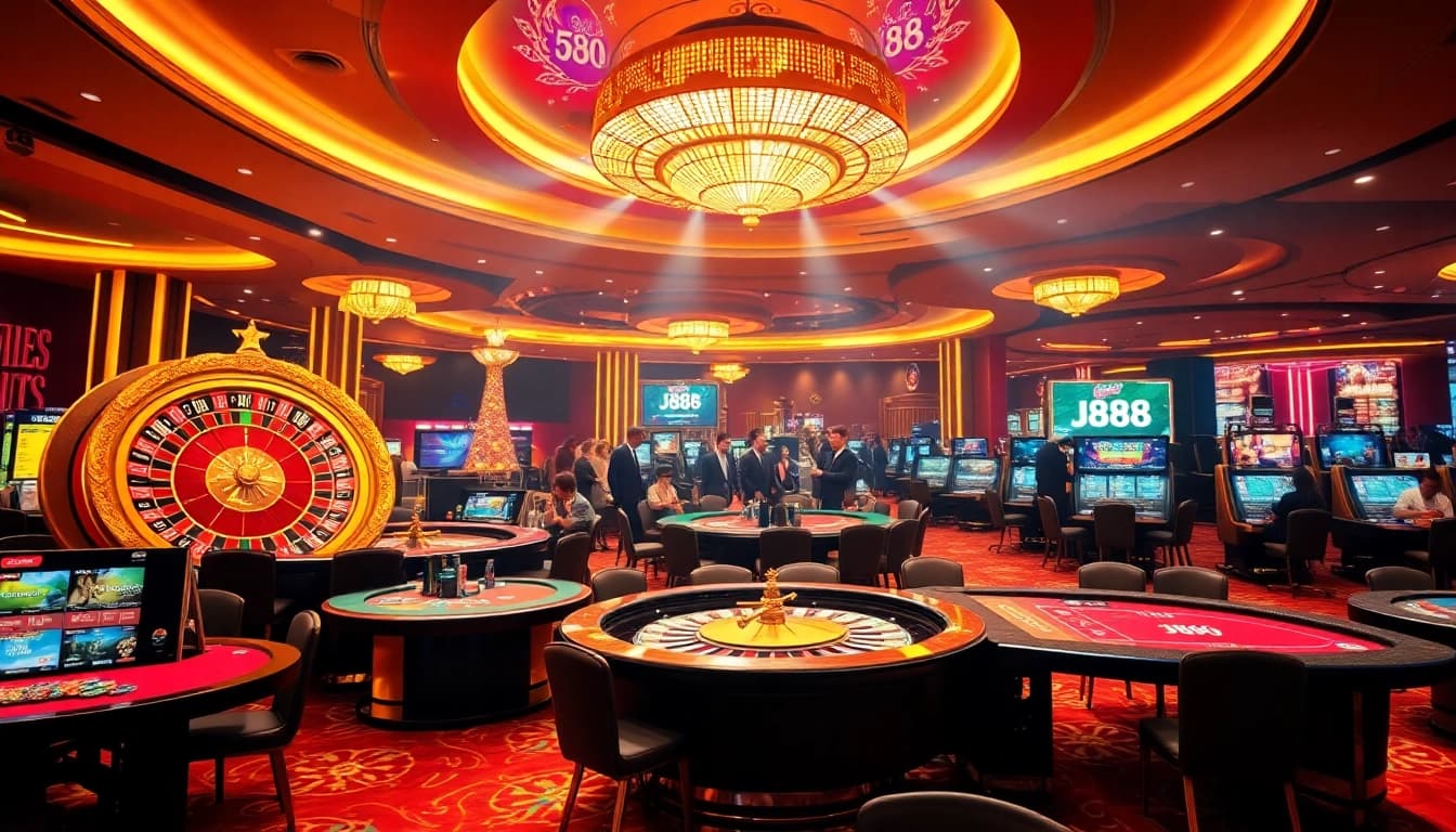 Experience the thrill of gambling at J88 with vibrant casino tables and happy players.