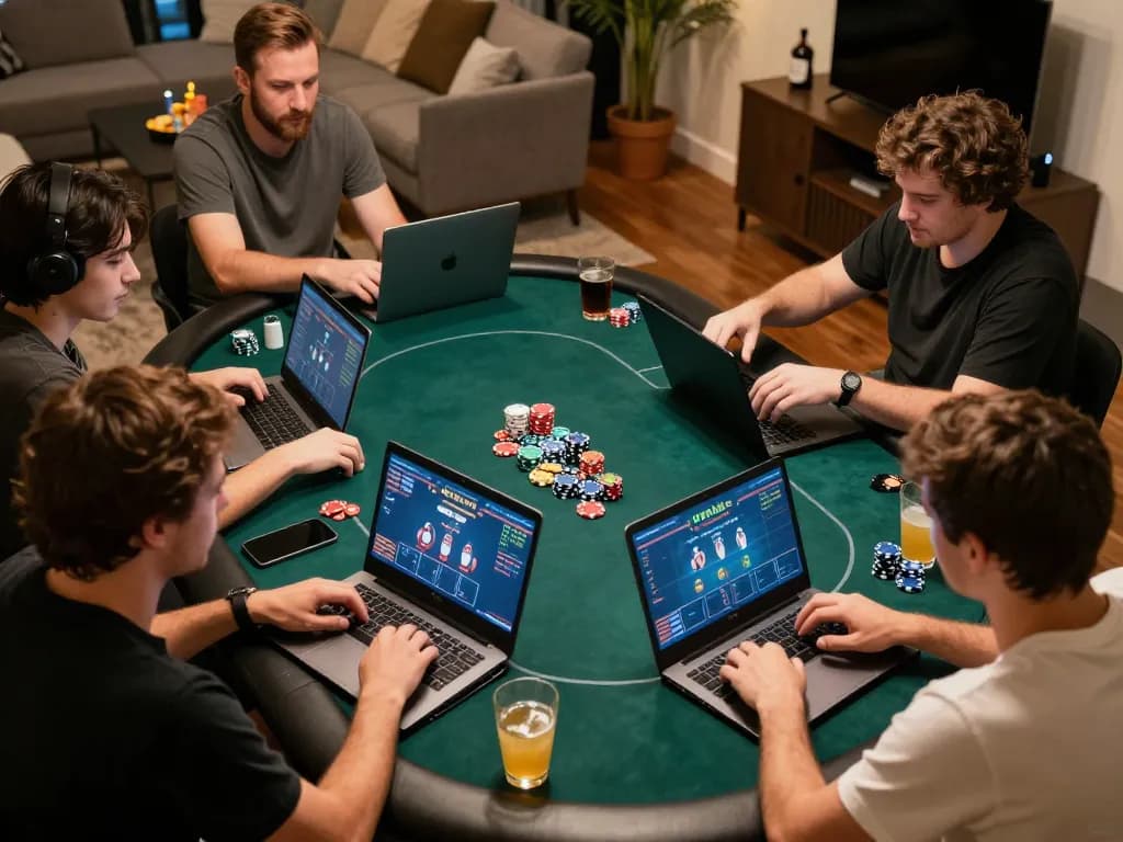 Engaging online poker game on okwin with players focused on their screens and cozy home setup.
