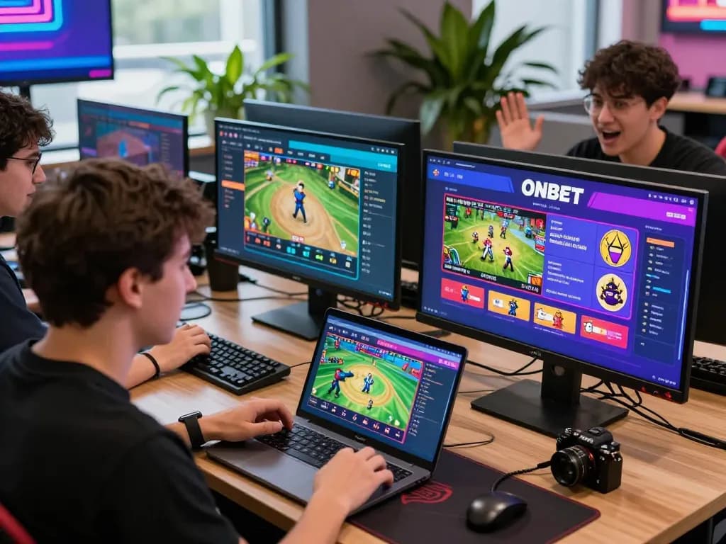 Engaged players enjoying Onbet's exciting online gambling platform with vibrant interfaces in a modern gaming setup.