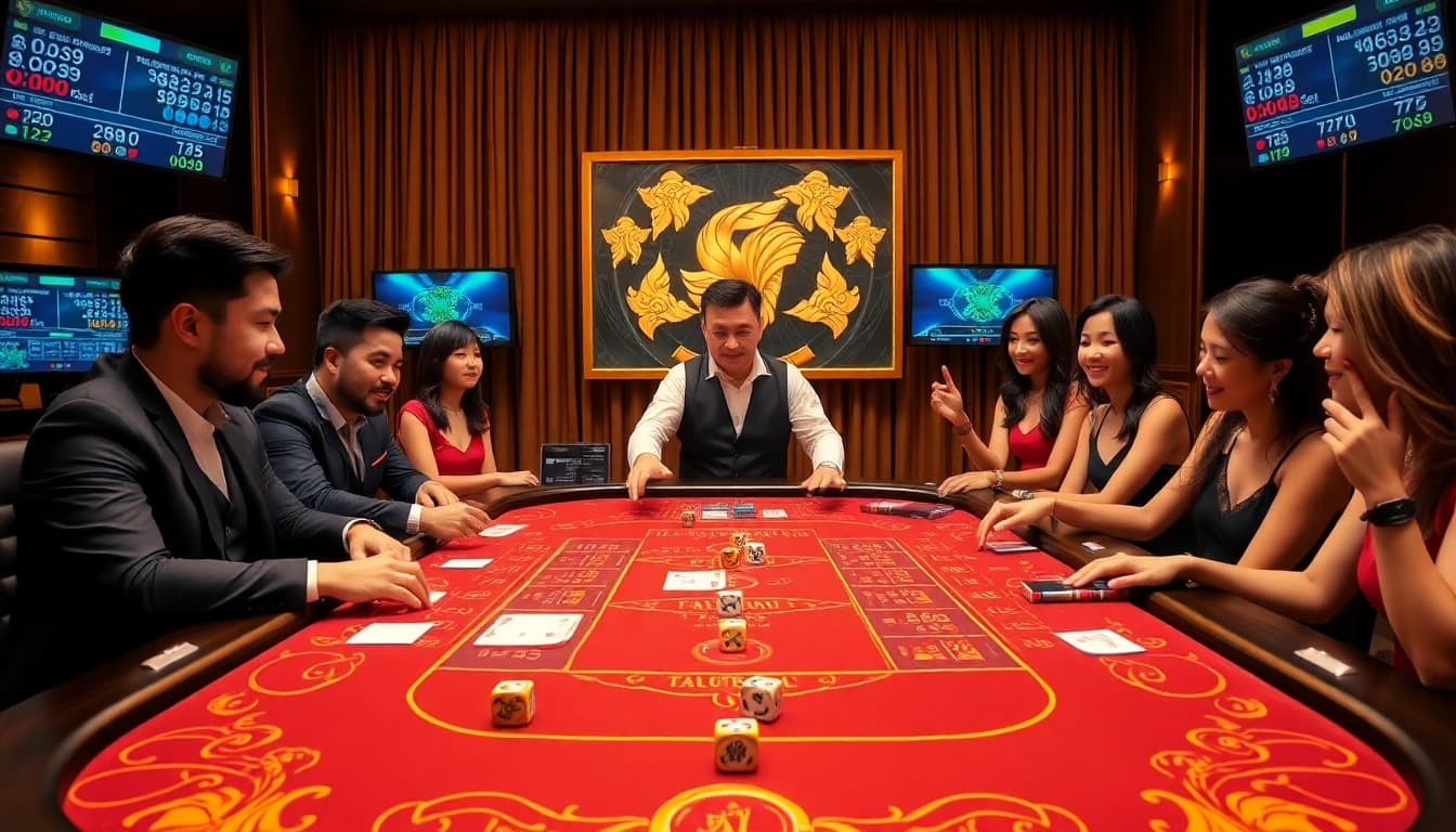 Experience the excitement of Tài Xỉu MD5 at a luxurious casino gaming table with vibrant ambiance.