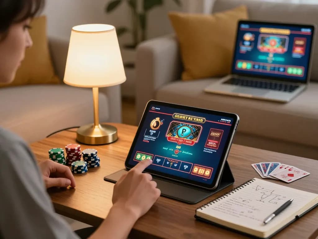 Playing u888 casino games on a tablet in a cozy home setup while focusing on strategy