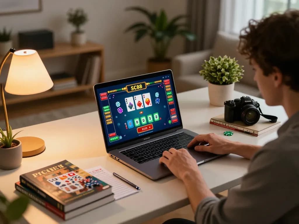 Player engaged in SC88 online blackjack game at cozy home setup, showcasing strategic gameplay.
