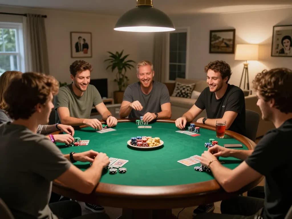 Friends enjoying a game night at home, engaging in poker while using fly88mb online casinos