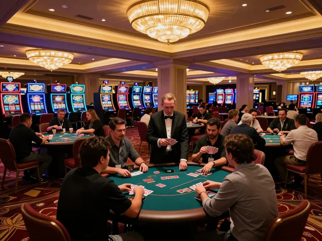 Players enjoying games at a vibrant casino floor, experiencing Luck8's thrilling gaming environment
