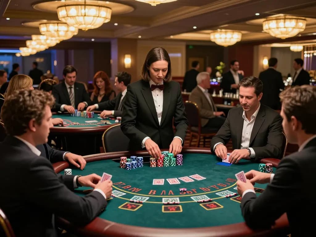 Players strategizing at a blackjack table at 7M casino venue, showcasing excitement and dynamic atmosphere.
