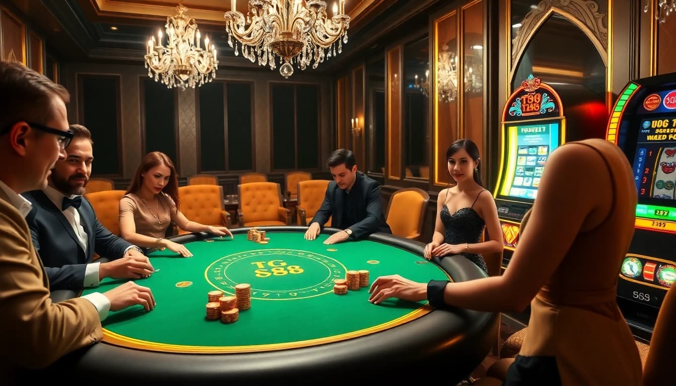Excited players engaging in a TG88-themed poker game in a luxurious casino setting.